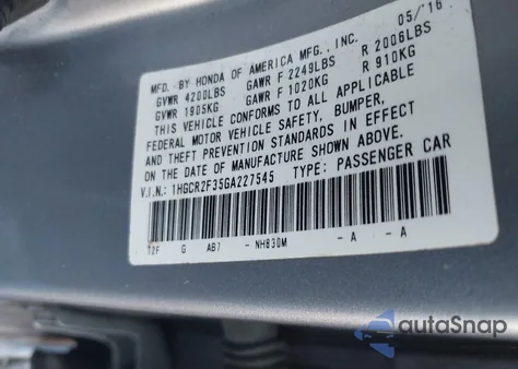 2016 Honda Accord Lx z USA, uszkodzony, nr VIN 1HGCR2F35GA227545